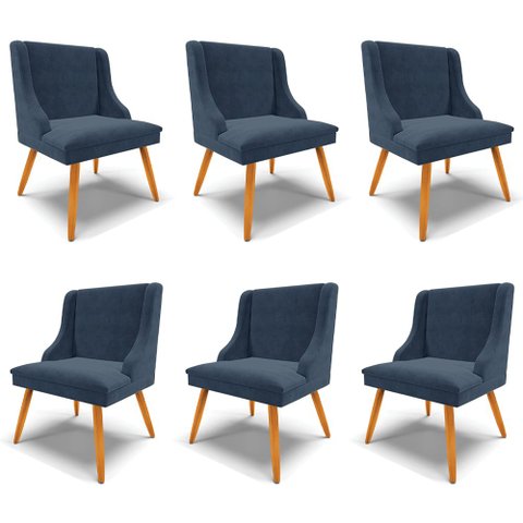Kit 6 Cadeiras Decorativas Sala de Jantar Pés Palito de Madeira Firenze Suede Azul Marinho/Natural G