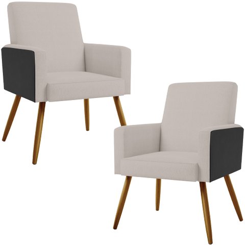 Kit 02 Poltronas Decorativa Maria W01 Pés Palito Linho Bege Couríssimo Preto - Lyam Decor