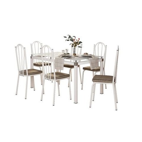 Conjunto De Mesa Tubular Malva Vidro Branco 140 Cm com 6 Cadeiras 121 Branco Rattan Artefamol 10000 