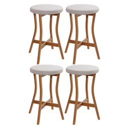 Kit 4 Banquetas Alta Balcão de Madeira Maciça Estofada para Bistrô - Bege Claro - 1