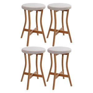 Kit 4 Banquetas Alta Balcão de Madeira Maciça Estofada para Bistrô - Bege Claro