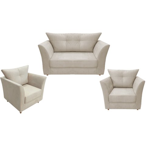 Kit Namoradeira + 2 Poltronas Decorativa Isis Couro Bege Pés Madeira Ms Decor