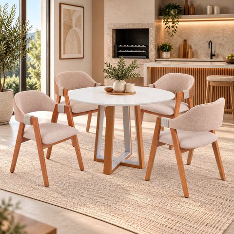 Conjunto Mesa Áustria Redonda 4 Cadeiras Serena Estofadas Madeira Maciça Espresso Móveis