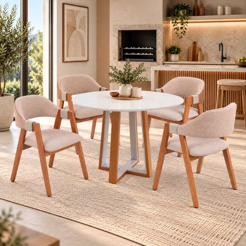 Conjunto Mesa Áustria Redonda 4 Cadeiras Serena Estofadas Madeira Maciça Espresso Móveis
