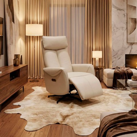 Poltrona Reclinável Elétrica Luxury Couro Legítimo Off White - Mozzelar