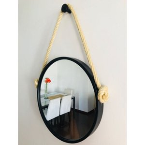 Espelho Decorativo Adnet - 40 cm - Aro Preto / Alça Corda Sisal