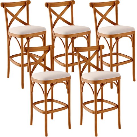 Kit 05 Banquetas Altas Cozinha Bancada Bar Sala de Jantar Estofada Ávila L02 Suede Bege - Lyam Lyam 