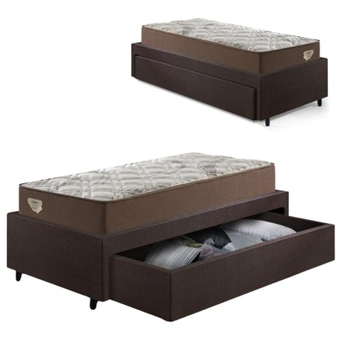 Base Box Cama Solteirão Sapateira Courino Linho Marrom e Colchão Relax Adorabile Ecoflex 96x203