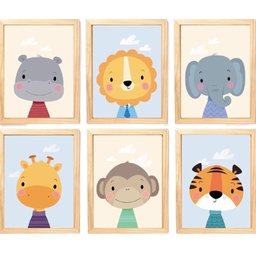 Quadro Infantil Safari 6 Un A4 Vidro e Pendurador - 1