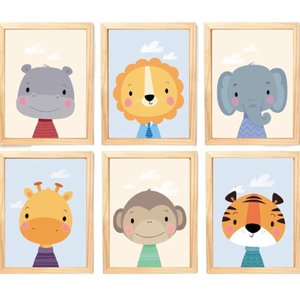 Quadro Infantil Safari 6 Un A4 Vidro e Pendurador