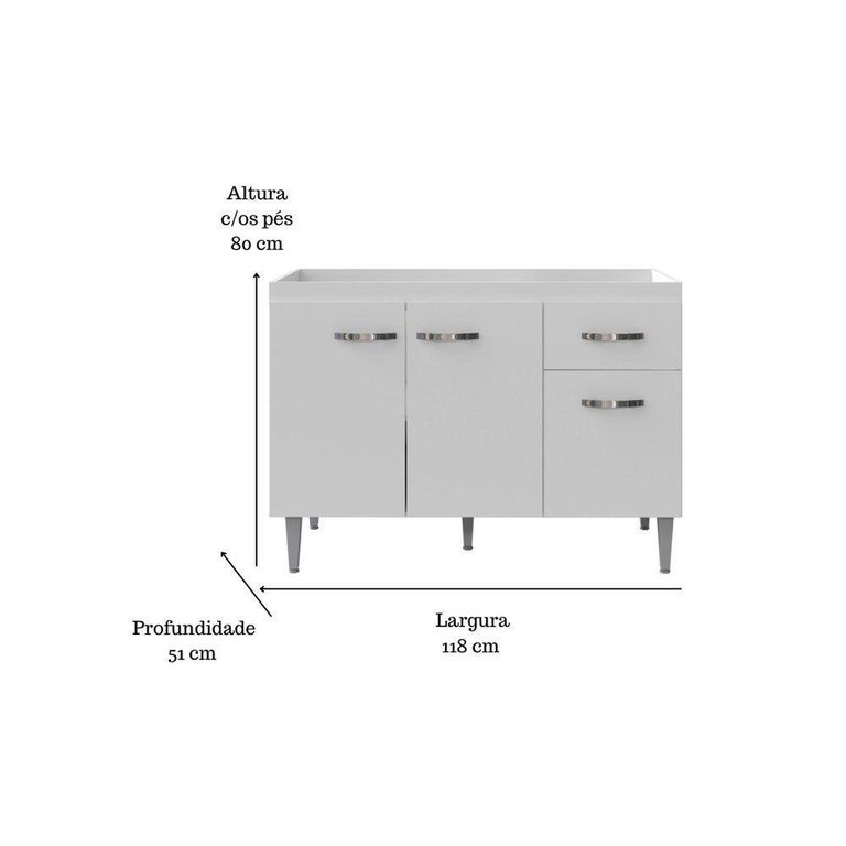 Balcão Gabinete para Pia Gabriela sem Tampo 120cm 3 Portas 1 Gaveta Branco