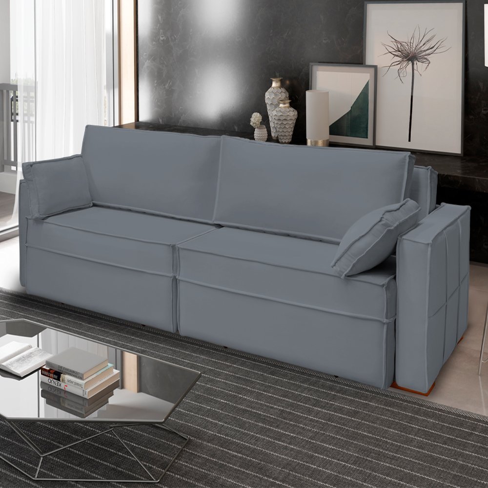 Sofá Cama Ferrari Retrátil e Reclinável Veludo Cinza Grafite