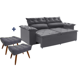 Conjunto Sofá Compact 2 metros retrátil e reclinável com Molas Espirais e 2 Puffs Suede Cinza - Sofá - 1