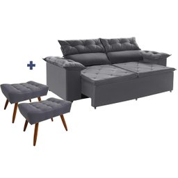 Conjunto Sofá Compact 2 metros retrátil e reclinável com Molas Espirais e 2 Puffs Suede Cinza - Sofá - 7