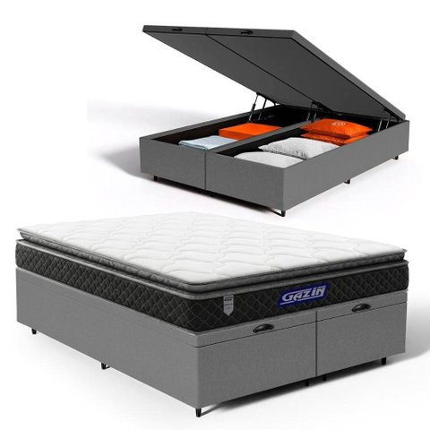 Cama Box Baú com Colchão Gazin de Espuma D28 Pillow Top Ortoblack Queen 158cm