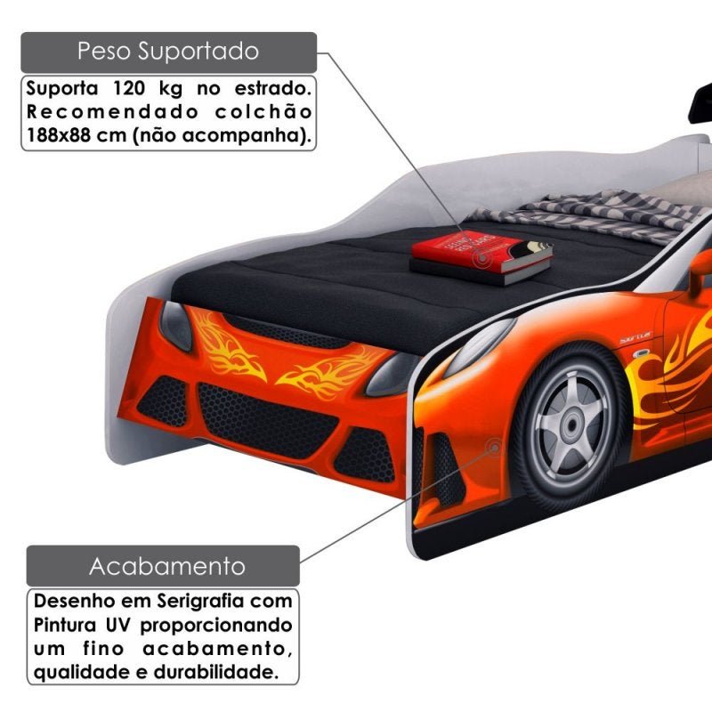 Cama Sport Car Infantil com Pintura Serigrafia e UV Branco Fosco/ Vermelho - 2