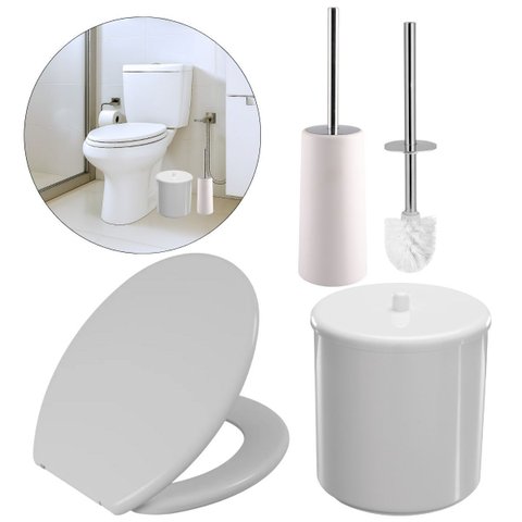 Assento Sanitário Tampa Oval Soft Branco + Lixeira Branca 6l Redonda C/ Tampa + Escova Sanitária Bra