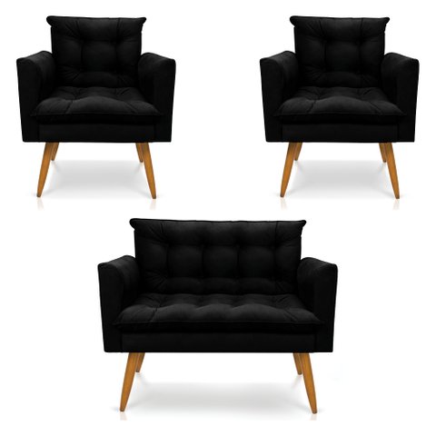 Kit 2 Poltronas e Namoradeira 2 Lugares Olivia Suede Preto Pés Palito Castanho - Pallazio