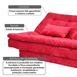 Sofá Cama Salomé 3 Lugares 1,85M Encosto Retrátil - Suede Vermelho - 2
