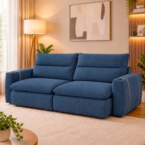 Sofá Retrátil Reclinável Lugano 2,40m USB e Porta Copos Linho Azul - King House