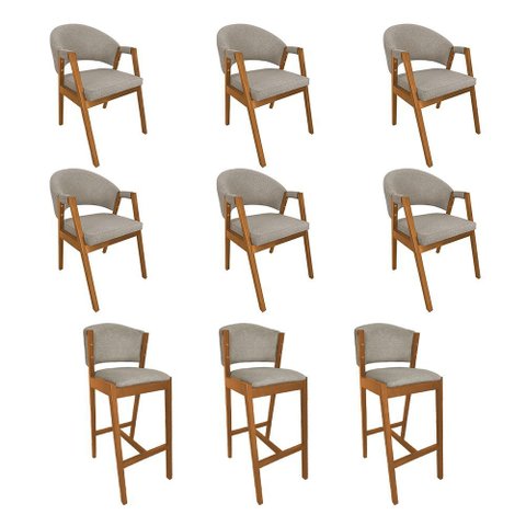 Kit 6 Cadeiras Helen para Sala de Jantar com 3 Banquetas Ana Madeira Maciça Cerejeira - Bege