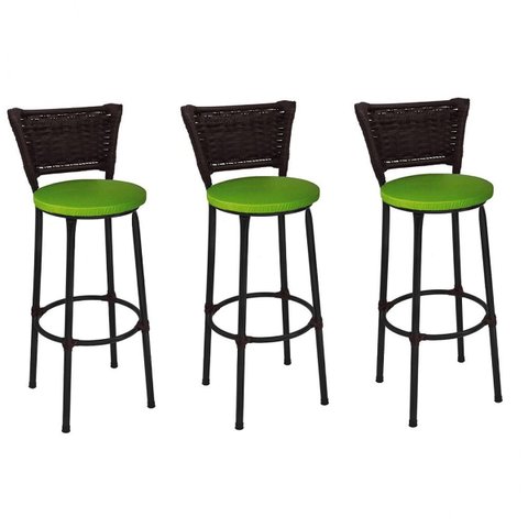 Kit 3 Banquetas Altas Preta com Encosto Junco Argila Assento Verde