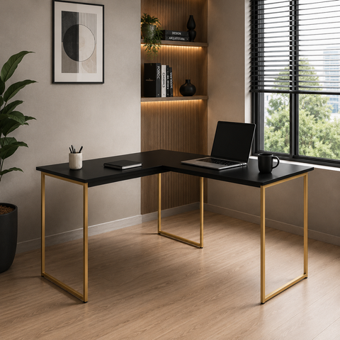 Mesa de Canto para Computador Home Office Max 150x150 cm - Preto/Dourado