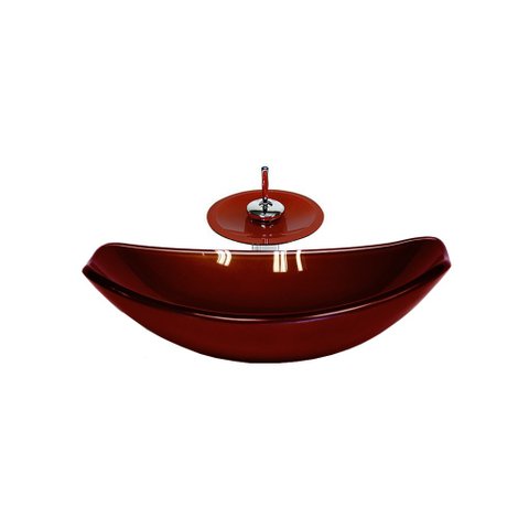 CUBA DE VIDRO OVAL CHANFRADA 46CM VERMELHO CEREJA + VALVULA + TORNEIRA CASCATA