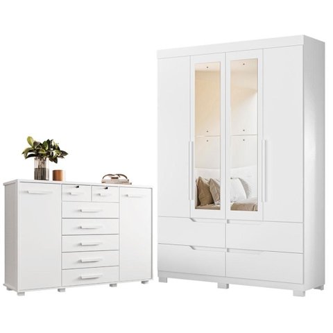 Guarda Roupa Solteiro Doble 04 Portas com Espelho e Cômoda Fontana Branco - Móveis Albatroz