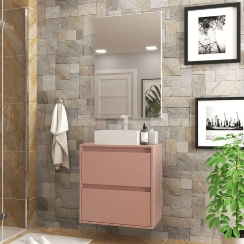 Gabinete para Banheiro com Cuba e Espelheira 60cm Mdf Rosa Dubai - On Móveis