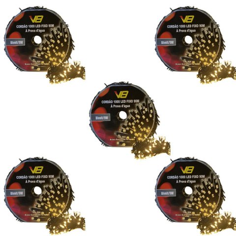 Kit 5 Cordão 1000 Leds Fixo Prova D'Água 90m Branco Quente Bivolt