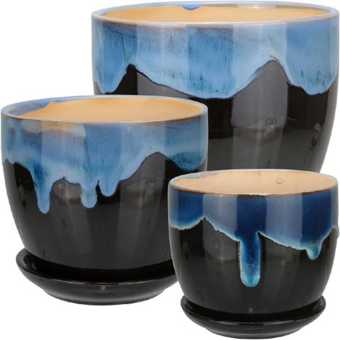 Jogo 3 Peças Cachepô de Cerâmica Azul 13.4x14.0x14.0cm Vaso Plantas Jardim Sala