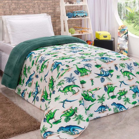 Edredom Diverkids Solteiro Infantil Malha Estampada 1 Peça - Dinossauro Verde