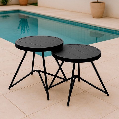 Kit 2 Mesa de Centro Redonda Línea Alumínio Ripado Preto para Area Externa de Piscina - Arkell