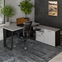 Ver imagem 1 de Mesa L Escritório 150cm com Armário Lateral Pé Metal F5 Cor:cinza Sagrado com Preto