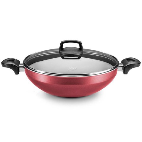 Panela Wok Antiaderente Supra Cereja com Tampa de Vidro Mta