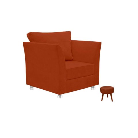 Kit 01 Poltrona Lisboa Decorativa + 01 Puff Redondo Decorativo Suede Terracota