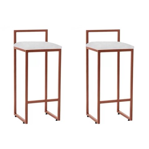 Kit 2 Banquetas Altas Bistô Bar em Aço Cobre Assento Suede Branco