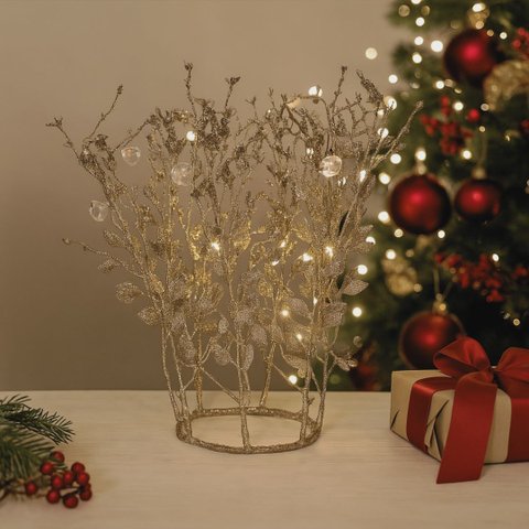 Adorno Natalino Coroa de Folhagens Glitter Champanhe e Pingente Cristais 30cm - Bela Flor