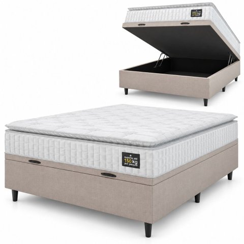 Cama Box Baú Colchão Casal Espuma D45 Lazio Pillow Top 138x188x70cm Branco / Bege Hellen