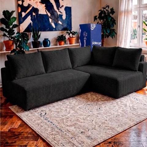 Sofá de Canto Modular Vibe Direito 2,70m x 1,70m Xpand Tech Tecido Velourê Preto Cama Inbox