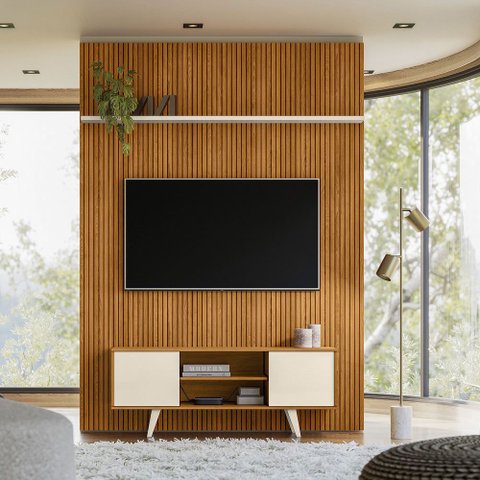 Conjunto Painel com Bancada Morpheus 2 Portas Deslizantes Mdp até 65 Cinamomo/offwhite G97 - Gran Be