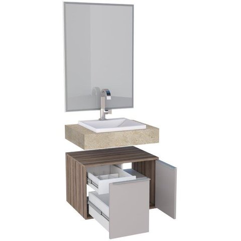 Conjunto Espelho Bisotê + Bancada em Porcelanato + Gabinete 100% MDF Com Gaveta Dupla Puxadores em A