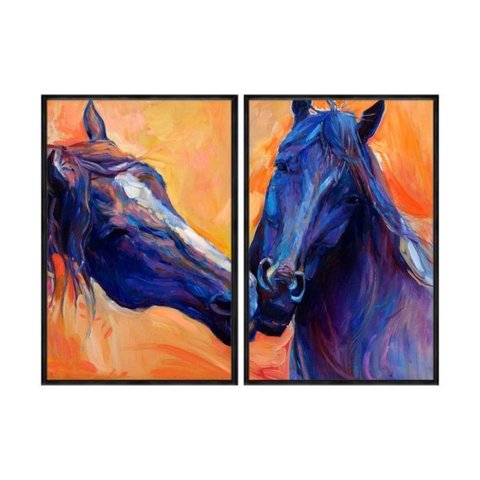 Kit 02 Quadros Decorativos - Cavalos Pintura Aquarela Anm032 - Vidro 40x60cm