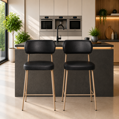 Kit 2 Banquetas Cozinha Altas Estofadas Camila com Encosto Dourado Preto