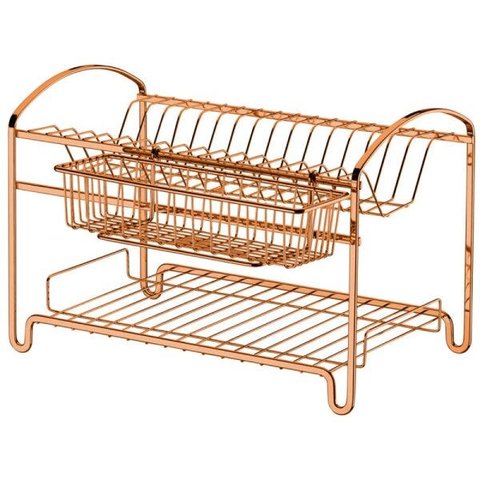 Escorredor Louças Duplo 16 Pratos Suporte Talheres Rosé Gold