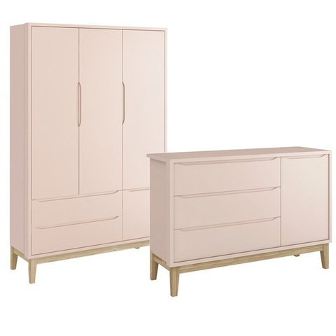 Jogo de Quarto Classic Guarda Roupa 3 Portas e Cômoda Rosa Fosco com Pés Madeira Natural - Reller Mó