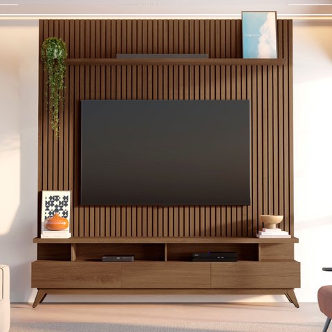 Rack com Painel Ripado para Tv até 72 Polegadas 185x250cm 100% Mdf Yucca CabeCasa MadeiraOriginals