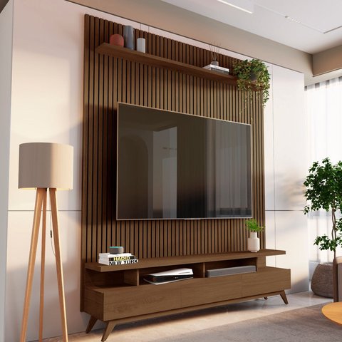 Rack com Painel Ripado para Tv até 72 Polegadas 185x250cm 100% Mdf Yucca CabeCasa MadeiraOriginals