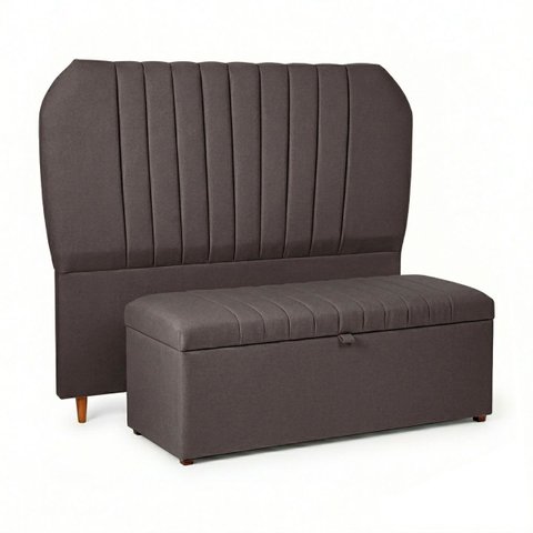Conjunto de Cabeceira e Recamier Baú Elegante para Cama de Casal 140 Hera Linho